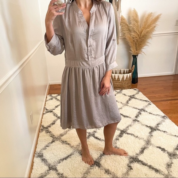 Aqua Satin Button Front Fit & Flare Dress Taupe L - Picture 4 of 11